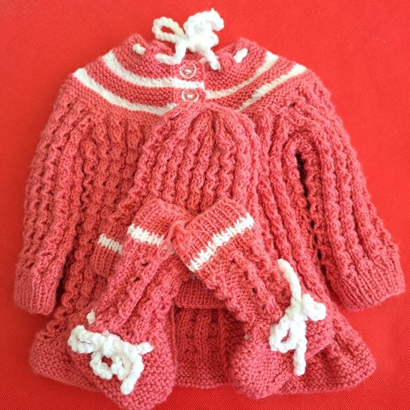 Pink Hand Knit Cardigan, hat and booties - Picture 1 of 3